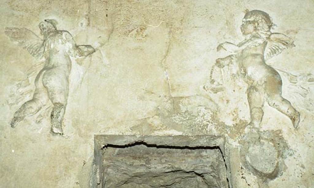 Suburban Baths, Herculaneum. October 2001. Two stucco flying cupids with baskets of fruits and garlands, on wall of tepidarium. Photo courtesy of Peter Woods.